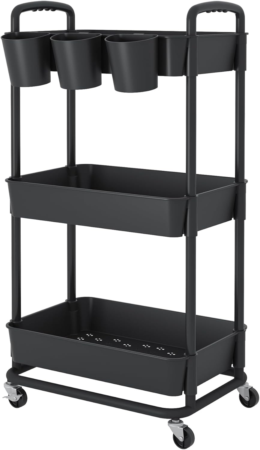 JIUYOTREE 4-Tier Plastic Rolling Storage Cart Utility Cart with Extra Hanging Cups Handles Lockable Wheels for Living Room Bathroom Kitchen Office White