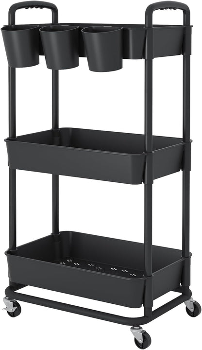 JIUYOTREE 4-Tier Plastic Rolling Storage Cart Utility Cart with Extra Hanging Cups Handles Lockable Wheels for Living Room Bathroom Kitchen Office White