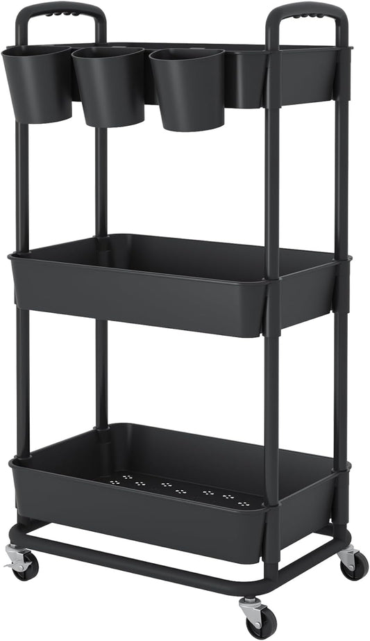 JIUYOTREE 4-Tier Plastic Rolling Storage Cart Utility Cart with Extra Hanging Cups Handles Lockable Wheels for Living Room Bathroom Kitchen Office White