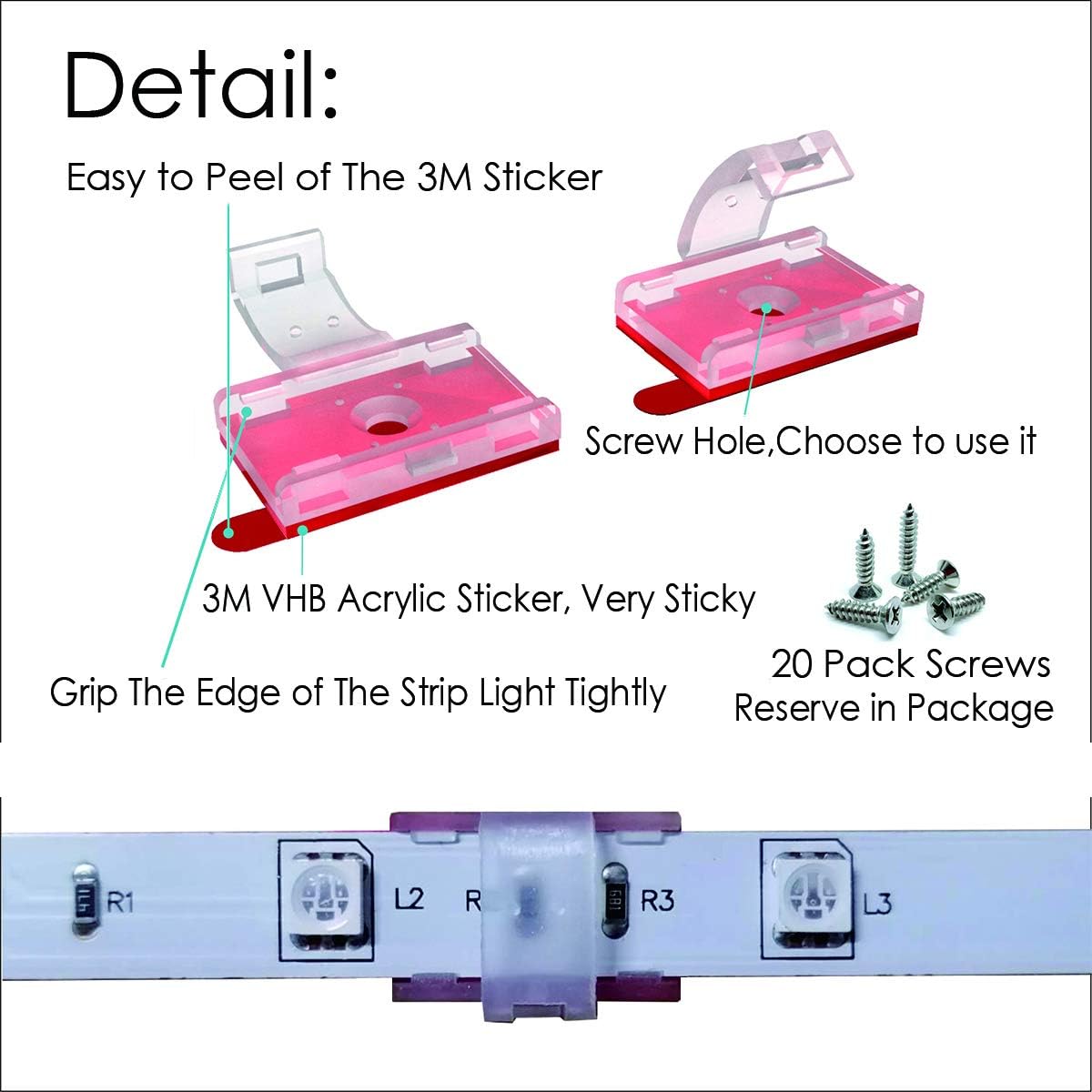 ATB- LED Strip Light Self-Adhesive Mounting Brackets and Clips,LED Strip Light Holder,Cable Wires Organizer Clips for Vehicle,Cabinet,Under-Counter, Kitchen,Living Room,Indoor (100PACK,Clear)