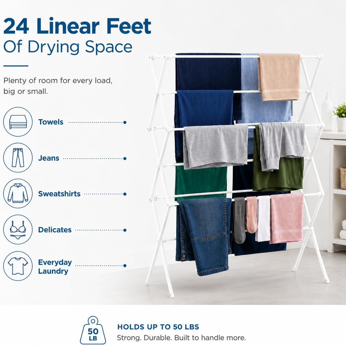 Honey-Can-Do 6-Tier Collapsible Steel Clothes Drying Rack, 24 ft, White | 6-tier steel rack with 24 ft of drying space folds flat to 3 in. Coated bars are gentle on delicates; 50 lb capacity.