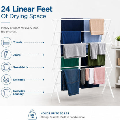 Honey-Can-Do 6-Tier Collapsible Steel Clothes Drying Rack, 24 ft, White | 6-tier steel rack with 24 ft of drying space folds flat to 3 in. Coated bars are gentle on delicates; 50 lb capacity.