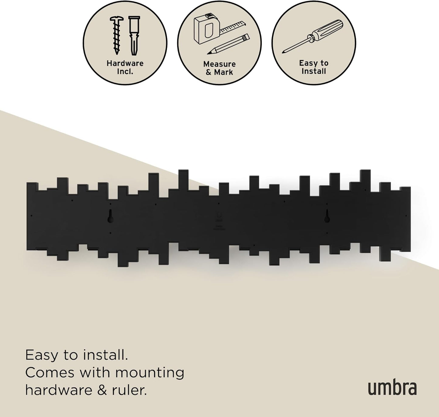 Umbra Sticks Wall-Mounted Coat Rack Rail Hook with 5 Retractable Pegs – Modern, Space-Saving Storage Organizer, Black