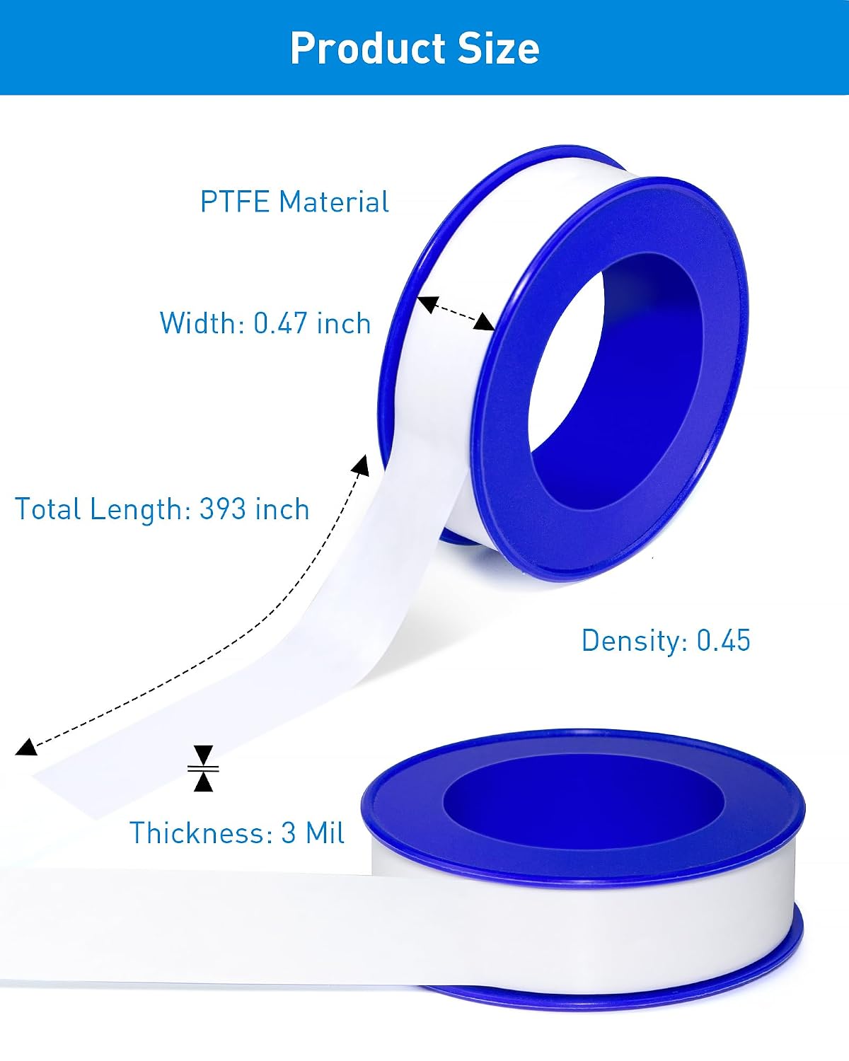 3 Roll Plumbers Tape, Teflon Water Pipe Sealing Tape, High-Density Thickening and Lengthen, High-Sealing Performance Waterproof Duct, Thread Seal, L 590 in x W 0.51 in. White