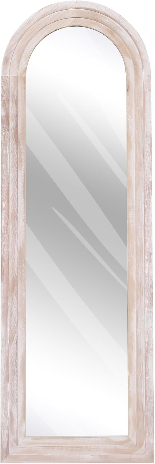 ZHUNFA Arched Full Length Mirror with Solid Wood Frame | 65x22 Farmhouse Wall Mirror Full Length with Stand, Vertical Hanging, Leaning Standing for Bedroom,Living Room, Rustic White