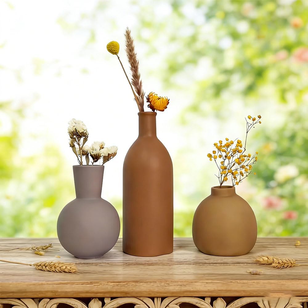 Ceramic Vase Set of 3 - Small Modern Minimalist Ceramic Bud Vases for Home Decor - Boho Aesthetic Flower Vases for Desk, Shelf & Table, Mantle, Bookshelf (Cute & Versatile) (Neutral Mix)