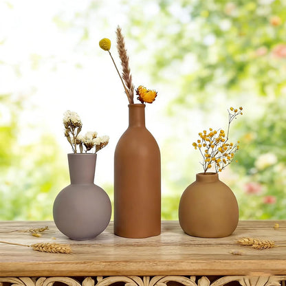 Ceramic Vase Set of 3 - Small Modern Minimalist Ceramic Bud Vases for Home Decor - Boho Aesthetic Flower Vases for Desk, Shelf & Table, Mantle, Bookshelf (Cute & Versatile) (Neutral Mix)