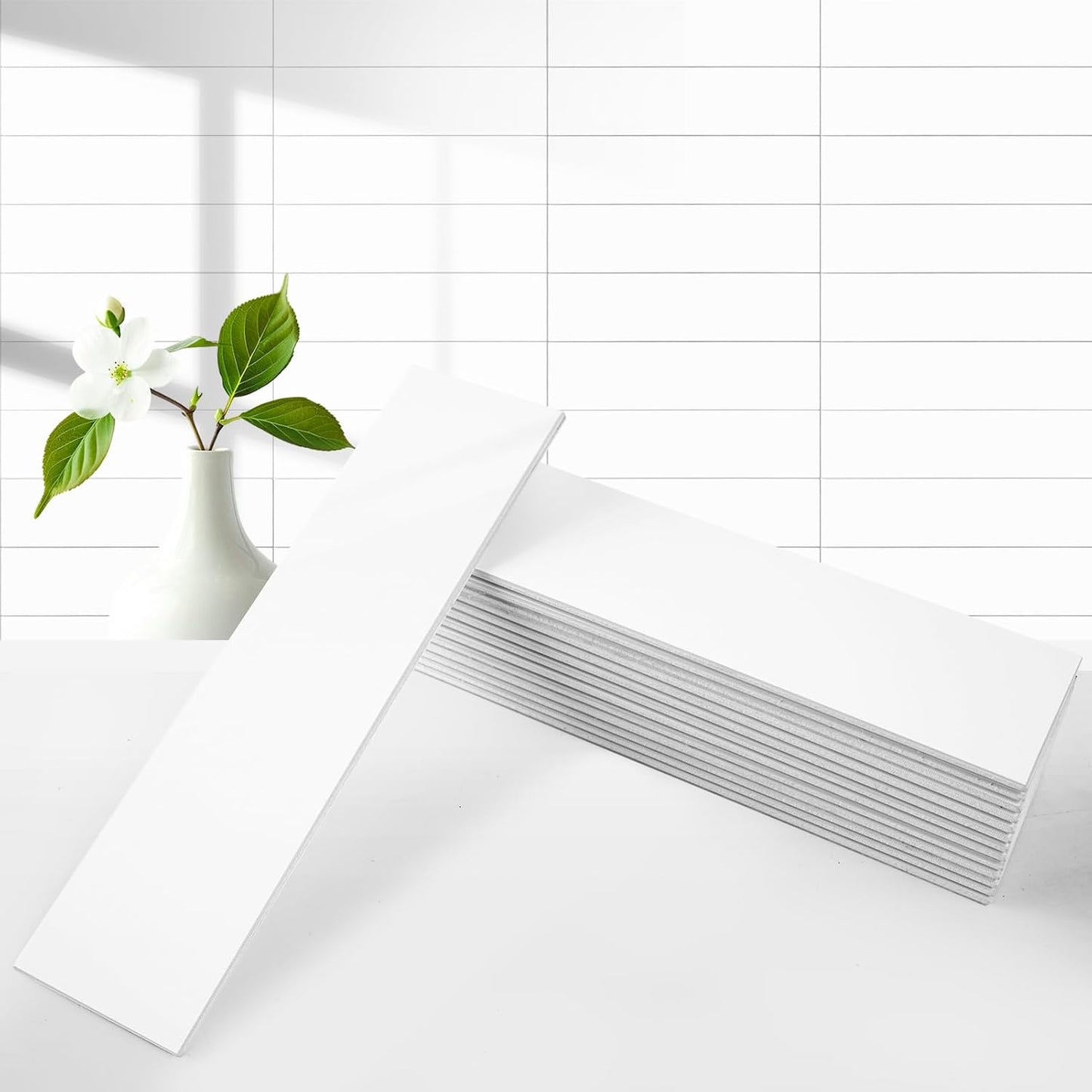 80-Piece Polished White Thick PVC Peel and Stick Backsplash, 2" x 8" Waterproof Subway Tile Peel and Stick Wall Tiles for Kitchen and Bathroom