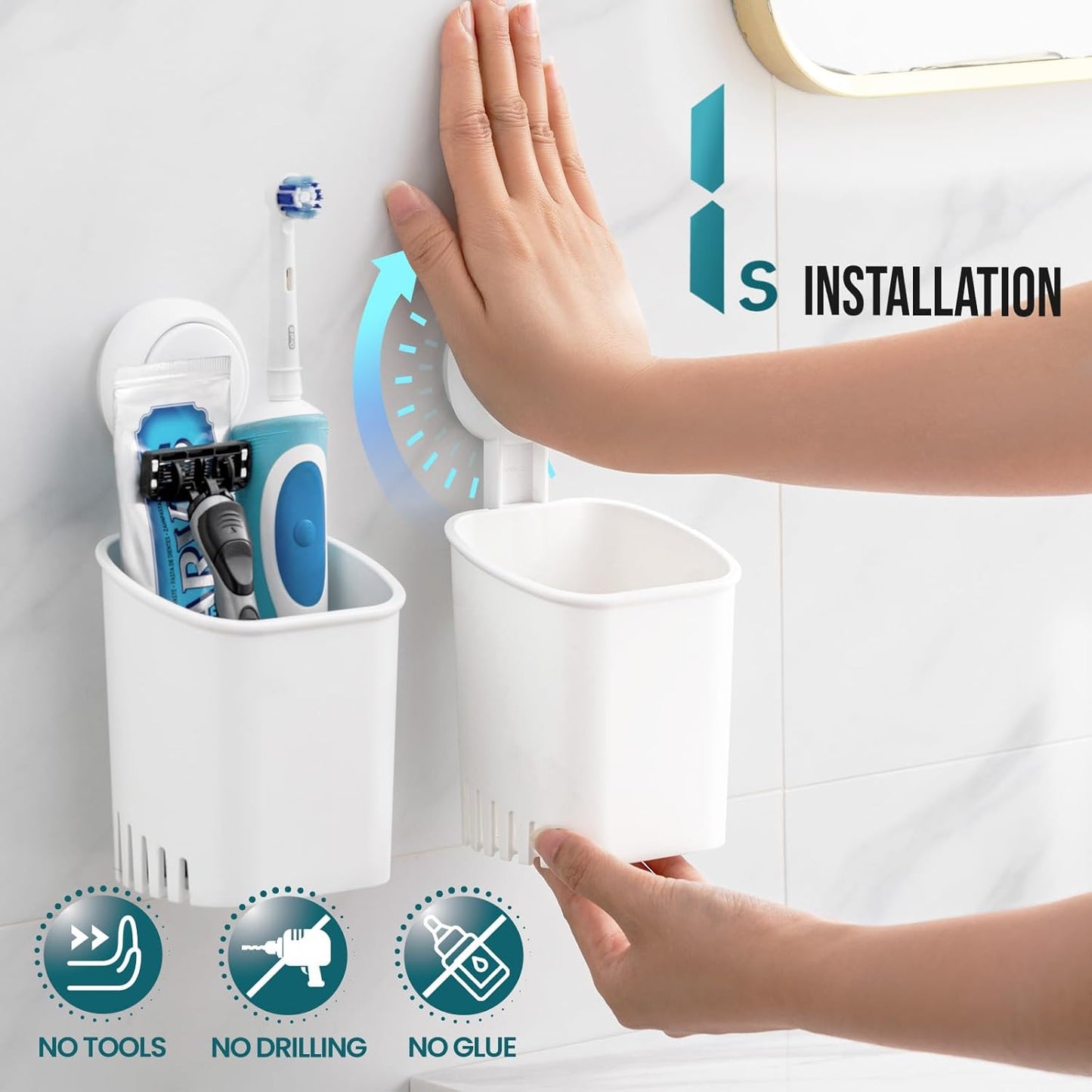 TAILI Upgraded Bathroom Mirror Suction Cup Toothbrush Holder with Razor Hook, Visible Safety Indicator, Large Capacity Inverted Trapezoid Design, Removable Shower Caddy for Toothbrush, Toothpaste, etc