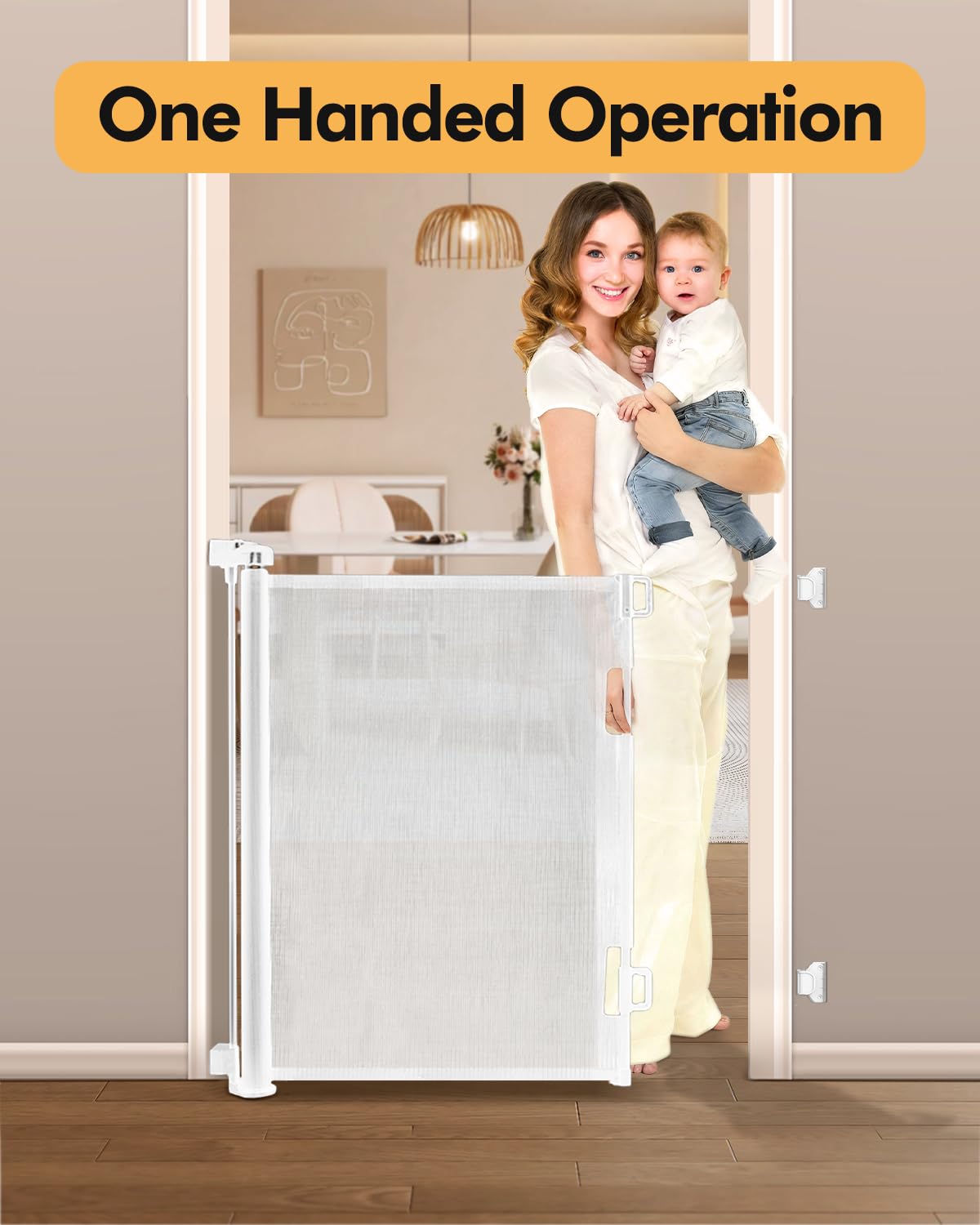 Retractable Baby Gate for Stairs & Doorways, 55" Wide x 33.6" Tall Easy Installation Mesh Dog Gate for Indoor & Outdoor Use,Pet and Dog Safety Gate for Hallways(Grey)