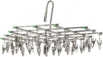 Stainless Steel Laundry Clothes Drying Rack Hanger, Multi Function Foldable Portable Travel Hanging Rack Hook, 35 Clips for Socks, Cloth Diapers, Towel, Underwear, Scarf, Panties, Gloves etc.
