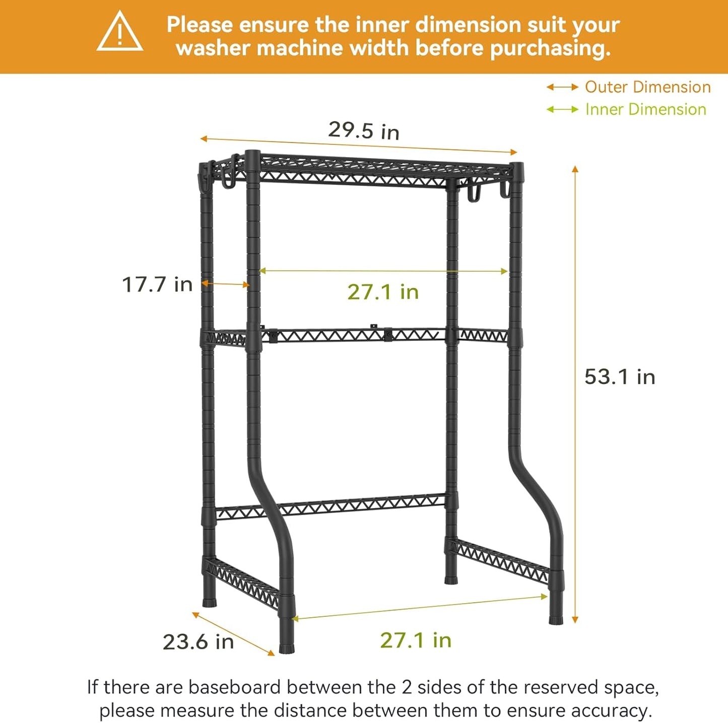 ULIFHOME U16 Upgraded Washer Dryer Stacking Rack for Narrow Laundry Room and Bathroom, Metal Over Washer and Dryer Storage Shelves for Saving Space, 29.5" W x 23.6" D x 53.1" H, Black