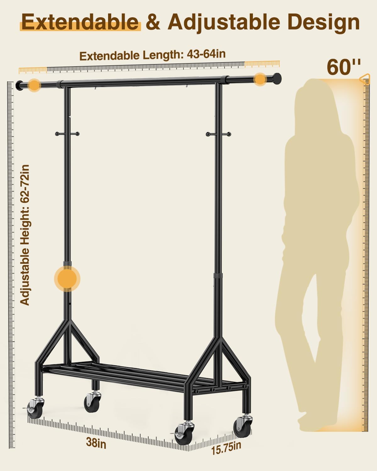 Upgraded 100% Stainless Steel Clothing Rack Load 760LBS, Heavy Duty Clothes Racks with Larger & Sturdy Wheel, Extendable & Adjustable Rolling Garment with Shelves for Hanging Portable Closet Rack