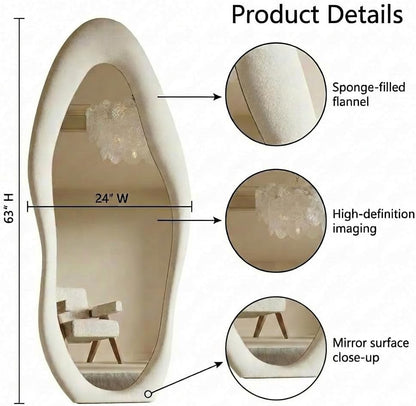 Honyee Full Length Mirror, 63" x 24" Wall Mirror, Flannel Wrapped Wooden Frame Floor Mirror, Irregular Wavy Mirror Hanging or Leaning Against Wall for Cloakroom/Bedroom/Living Room, Milk Tea