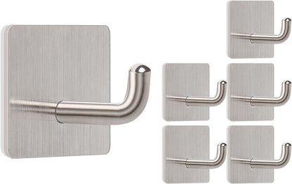 Livabber Adhesive Towel Hooks, 304 Stainless Steel Self Sticky Wall Hooks Waterproof Shower Hooks for Robe/Clothes, No Drilling Towel Hangers for Bathroom Kitchen Bedroom (Brushed Nickel, 6 Packs)