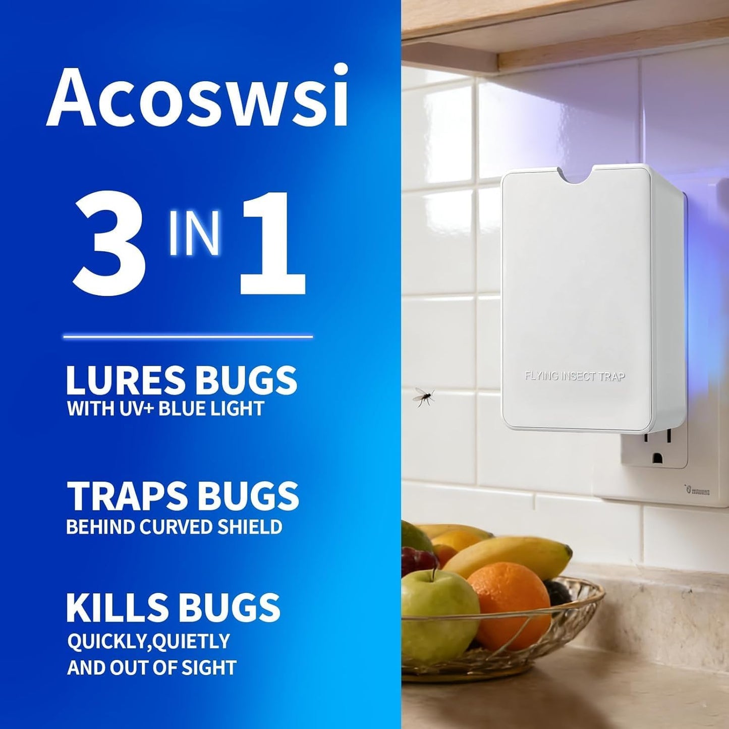 Indoor Fly Trap Plug in, Flying Insect Trap with Blue UV Light, Fruit Fly & Gnat Trap for Indoors, Mess-Free Bug Catcher for Home, 1 Device + 5 Refill Glue Cards