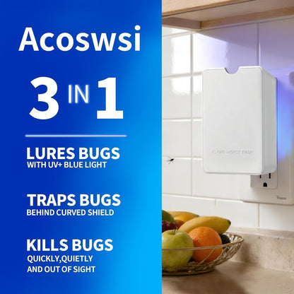 Indoor Fly Trap Plug in, Flying Insect Trap with Blue UV Light, Fruit Fly & Gnat Trap for Indoors, Mess-Free Bug Catcher for Home, 1 Device + 5 Refill Glue Cards