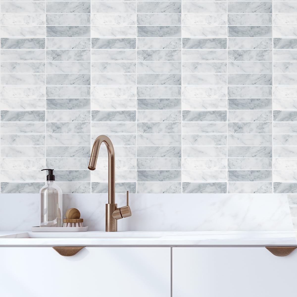 Heikki 20-Piece Kitchen Splash Guard Stickers, Peel-and-Stick Tile Splashbacks for Kitchen Islands, Bathrooms, Laundry Rooms, RVs, and Rental Spaces, 11.43 × 9 inches (Beige)