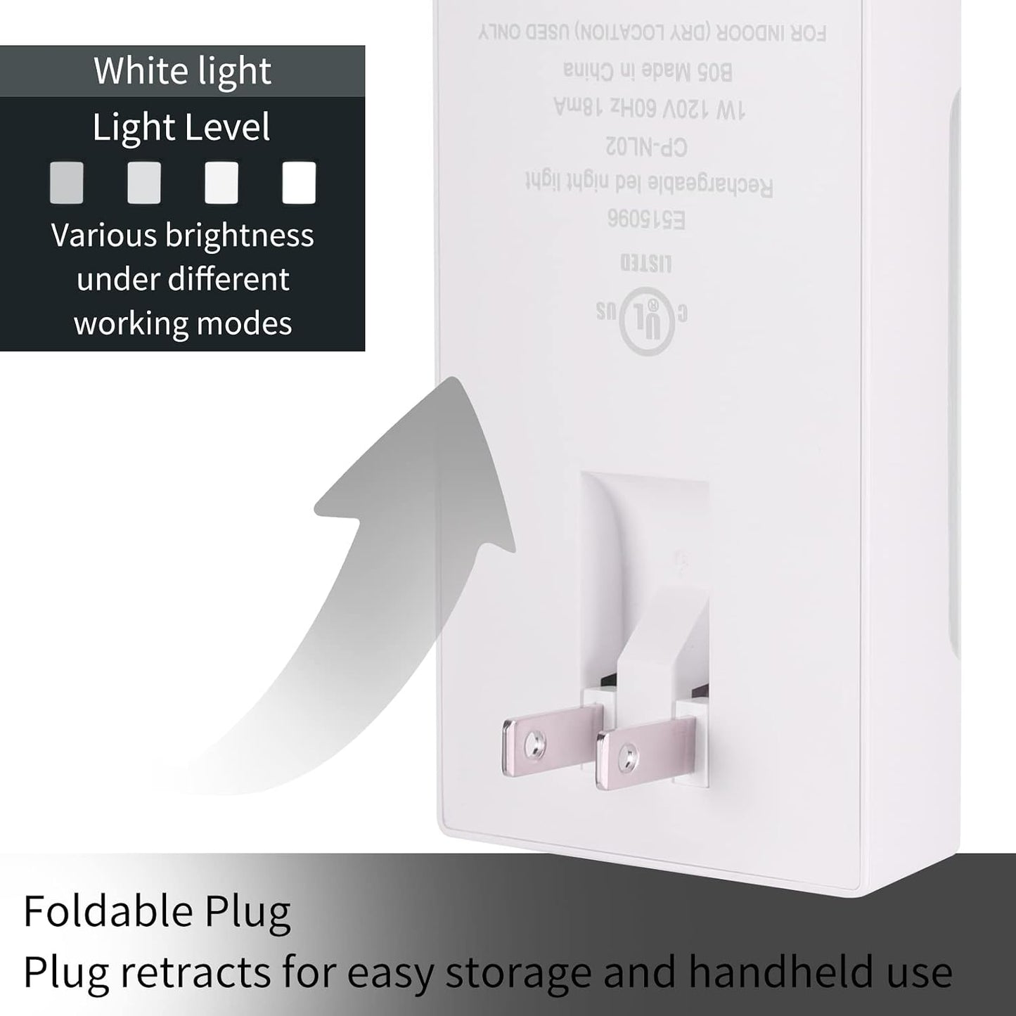 4-in-1 LED Night Light Emergency Backup Light, Motion Sensor, Dusk-to-Dawn Sensor, Rechargeable Battery Operated 5000K Daylight White, LED Flash Light for Home, Power Failure, Hurricane