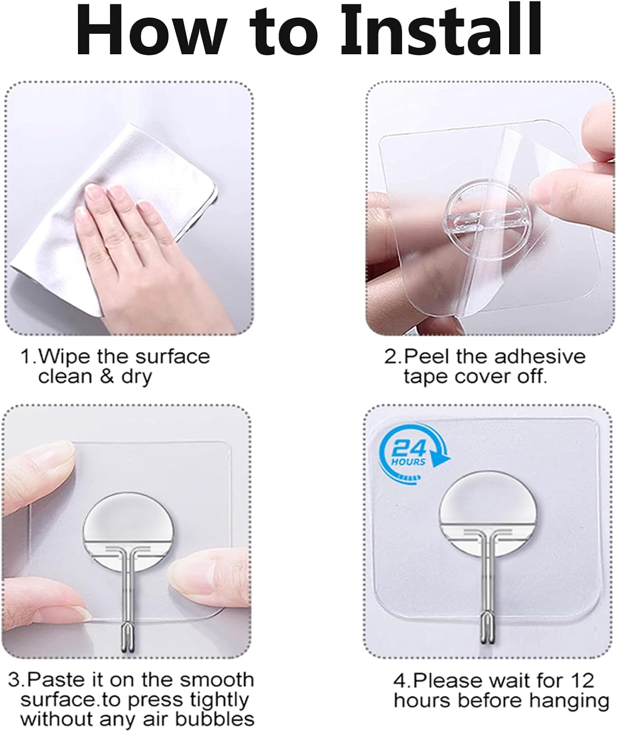 JINSHUNFA Adhesive Wall Hooks 13LB Heavy Duty No Drill Transparent Waterproof Hooks for Bathroom Kitchen Towel Coat 12 Pack