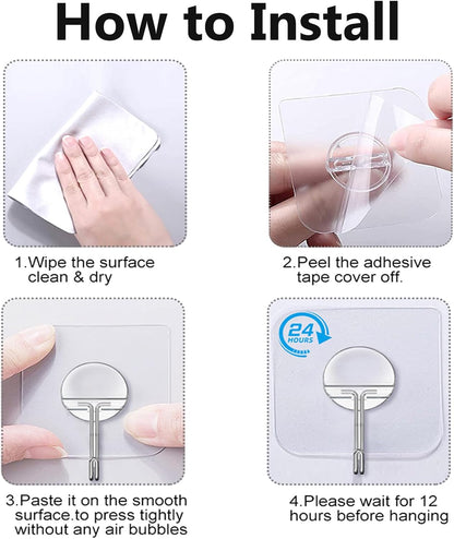 JINSHUNFA Adhesive Wall Hooks 13LB Heavy Duty No Drill Transparent Waterproof Hooks for Bathroom Kitchen Towel Coat 12 Pack
