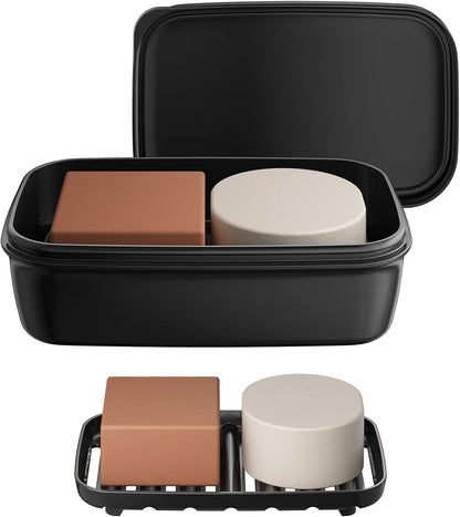 Quatish Leakproof Soap Dish with Lid & Draining Layer, Shatterproof Travel Bar Soap Holder Case Container, Portable Travel Size Toiletries Essentials for Camping, Gym, Bathroom, Black