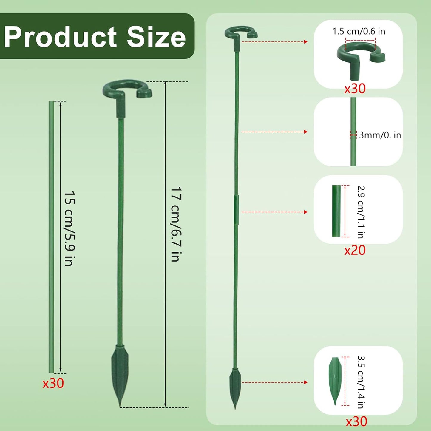 Pack of 30 Small Plant Stakes for Indoor Plants | 3 Size 6.7/10.7/14.6/ Inches Single Stem Plant Support Stakes for Phalaenopsis/Orchid Flower/Roses/Chrysanthemum/Succulent