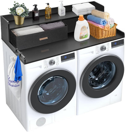 VEVOR Washer Dryer Countertop with 2-Tier Shelf, 54" x 27" Wooden Washer and Dryer Countertop with Anti-Slip Pads, Water-Resistant Laundry Topper Cover for Laundry Room Organization and Storage, Black