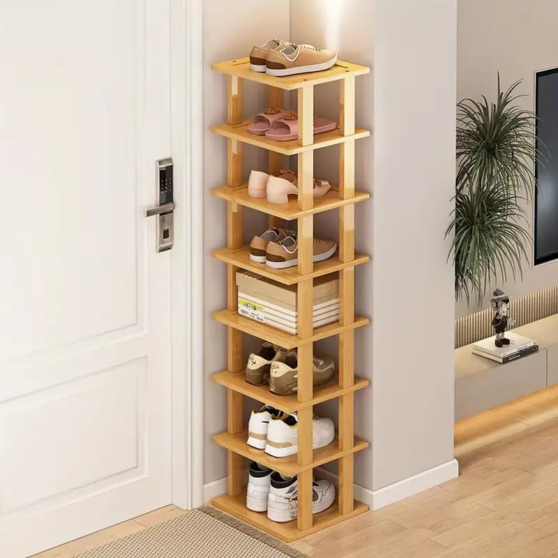 SAN HE 7-Tier Modern Bamboo Shoe Rack - Vertical, Slim, Space-Saving Shoe Organizer for Small Spaces, Closet, Entryway, Corner, Garage, Bedroom
