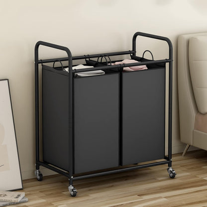 SUOERNUO Laundry Sorter Basket 2 Bag Laundry Hamper Cart with Rolling Lockable Wheels and Removable Bags Laundry Organizer Cart for Clothes Storage, Assorted