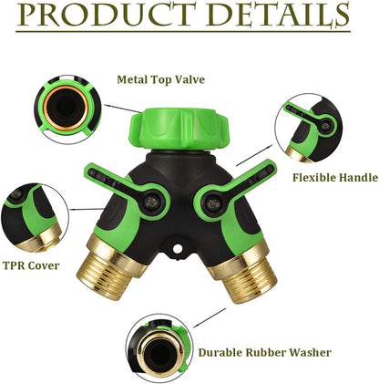Garden 2 Way Hose Splitter Y Connector with Comfortable Rubber Grip and 360 °Rotatable Top Quick Connect Garden Hose Tee Equipment Valve Shut Off (Green 2)