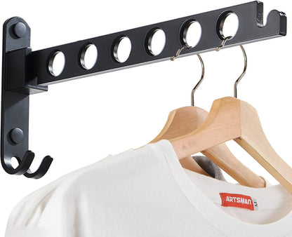 JOOM Wall Mounted Clothes Drying Rack, Black, 1 Pack | Folding Clothes Hanger for Laundry Room, Retractable wall hanger folds flat, saves space in closets, bathrooms, Small Spaces