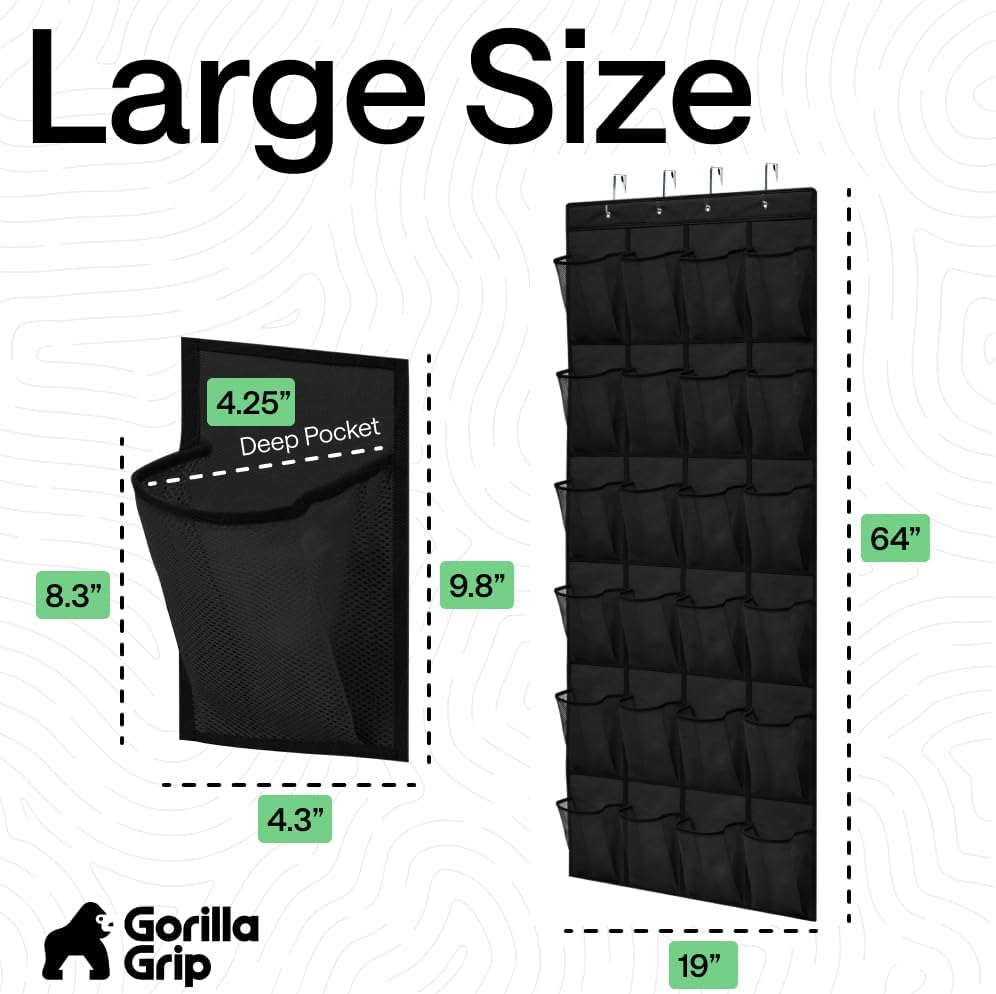 GORILLA GRIP Over the Door Shoe Organizer, 24 Large Breathable Mesh Pockets, Space Saving Hanging Storage Holder, Closet Rack Hanger Holds Up to 40 lbs, Hangs on Closets for Shoes, Accessories, Grey