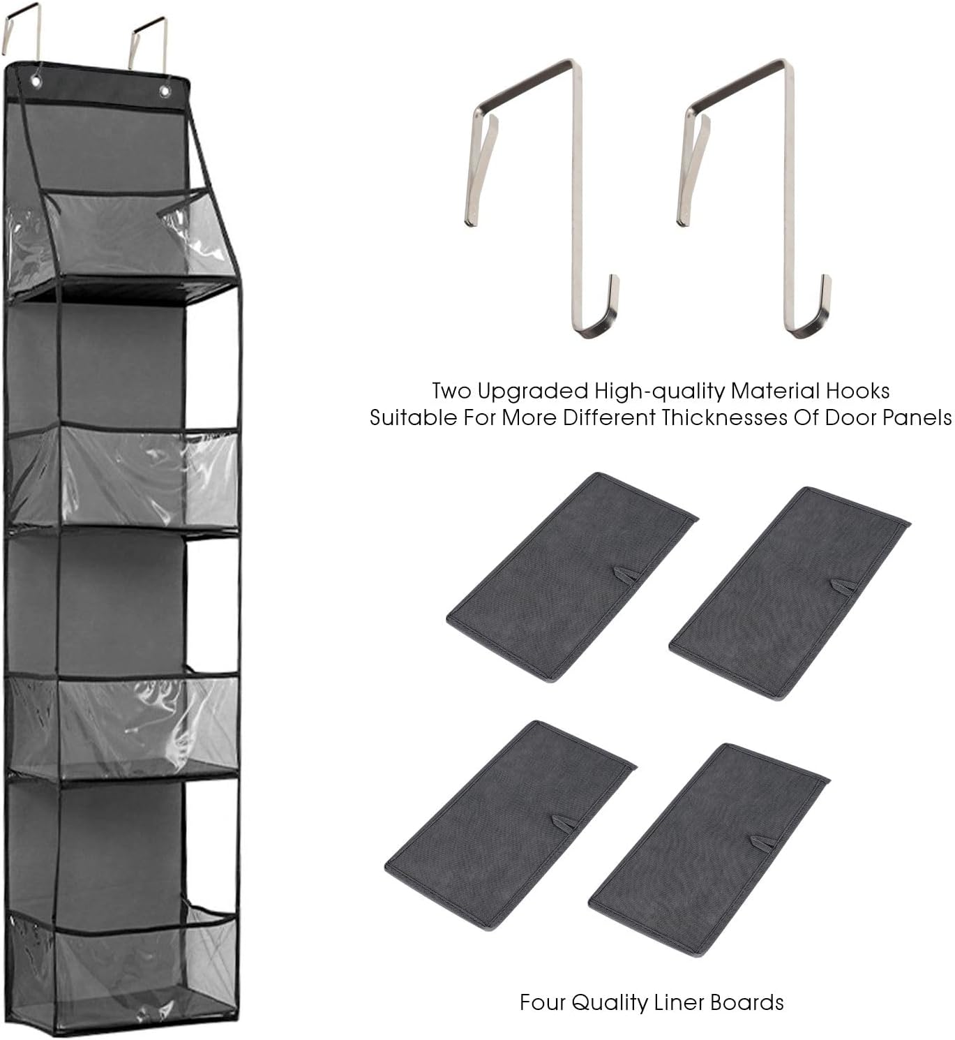 4-Shelf Over The Door Hanging Pantry Organizer, Behind The Door Storage Organizer, with Clear Plastic Pockets, for Bedrooms, Closets, Bathrooms, Small Apartments, College Dorms (Grey)