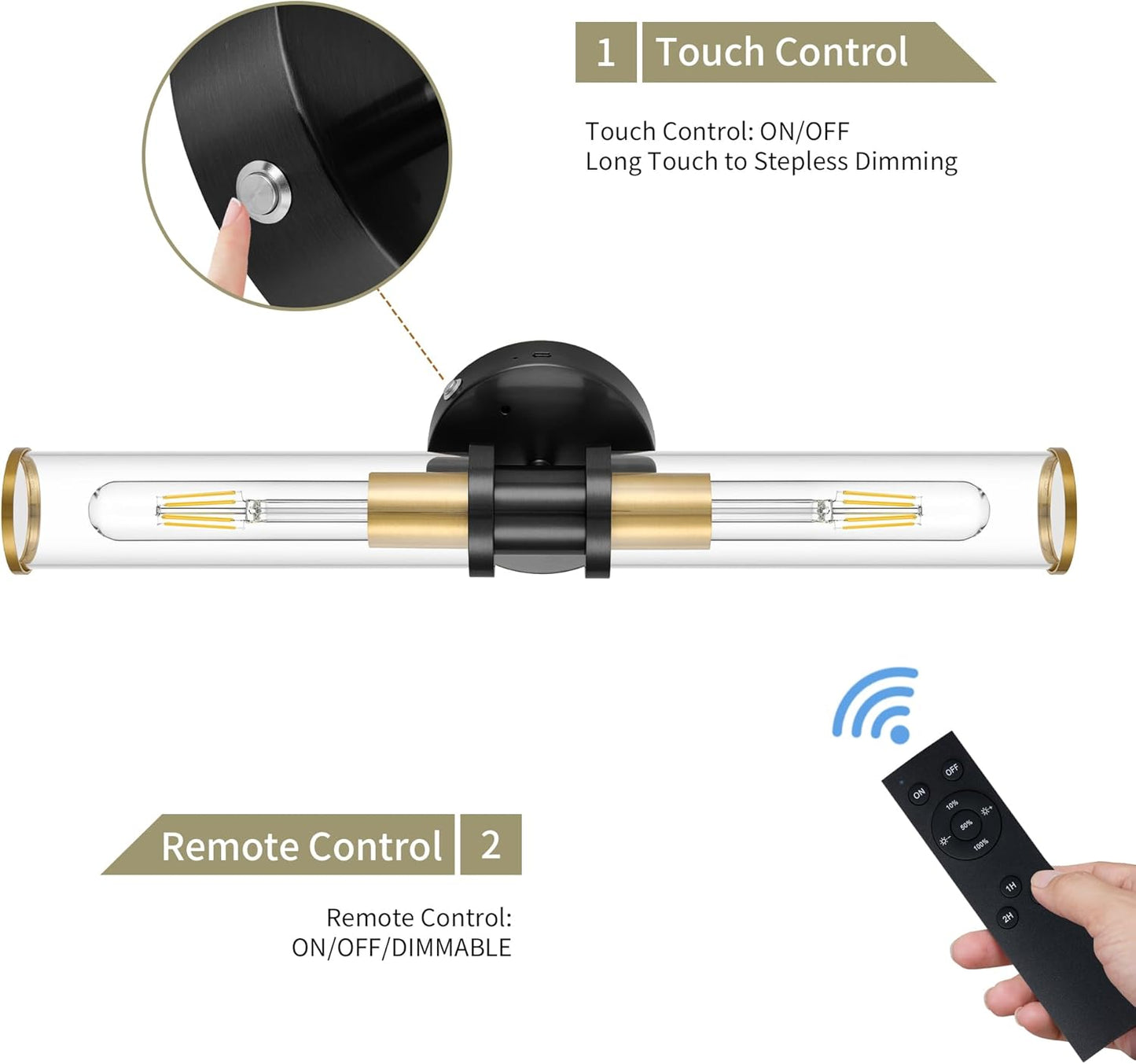 Wireless Wall Sconces with Remote Control, Battery Operated Wall Sconce Set of 2 with Timer, Gold Rechargeable Dimmable Glass Wall Lights for Living Room Bedroom Hallway Entryway 3000K, 20.5 Inch