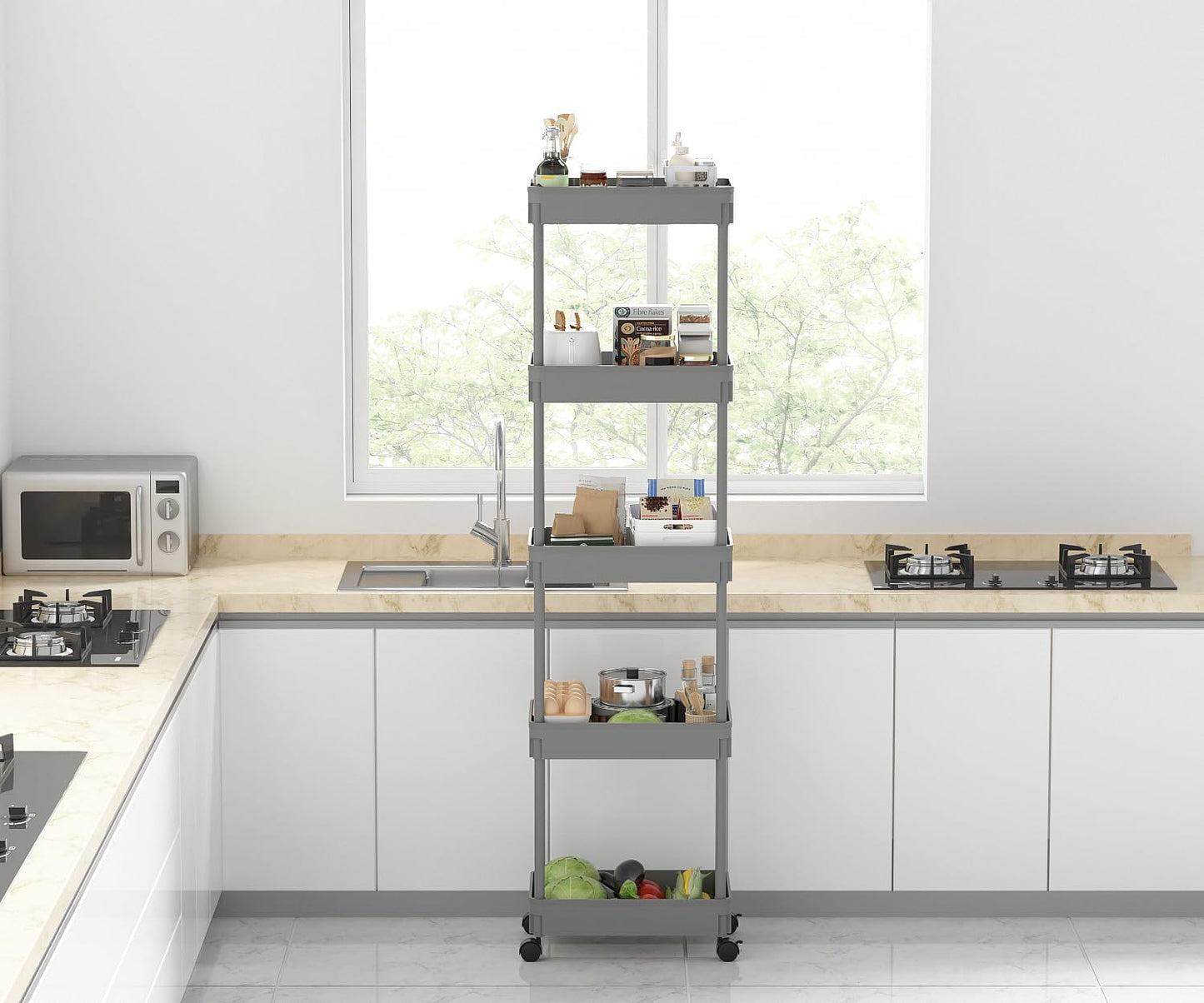 Sooyee 3 Tier Rolling Cart with Wheels, Slim Storage Cart, Under Desk Narrow Rolling Utility Cart Storage Organizer for Office Bathroom Kitchen Laundry Room Narrow Places, White, Plastic and Metal