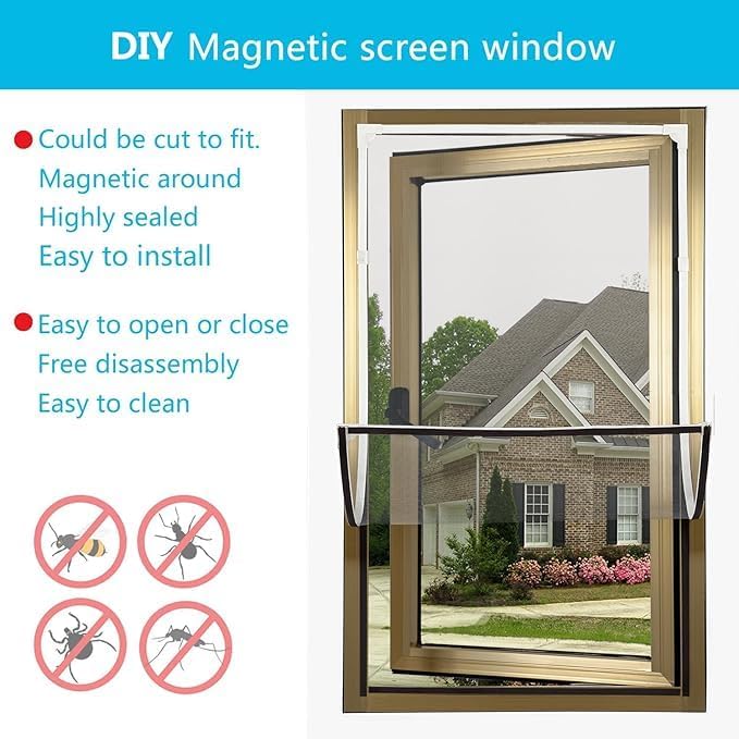 DIY Magnetic Window Screen with Adjustable Size | Easy and Fast Installation, Window Screen net kit White Frame with Gray Fiberglass mesh