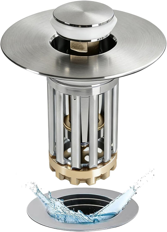 Anlige Bathroom Sink Drain Strainer, 3 in 1 Pop Up Bathroom Sink Stopper with Removable Brass Basket Hair Catcher, Universal Sink Plug for 1.06 to 1.6in Drain Hole, Chrome Silver