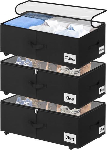 Under Bed Storage with Wheels, 2-Pack 10" Height XXL 75L Rolling Storage Bins, Quick Assembly Underbed Shoe Storage Containers with Clear Lid & Label, Dorm Under Bed Drawers for Clothes, Shoes, Black
