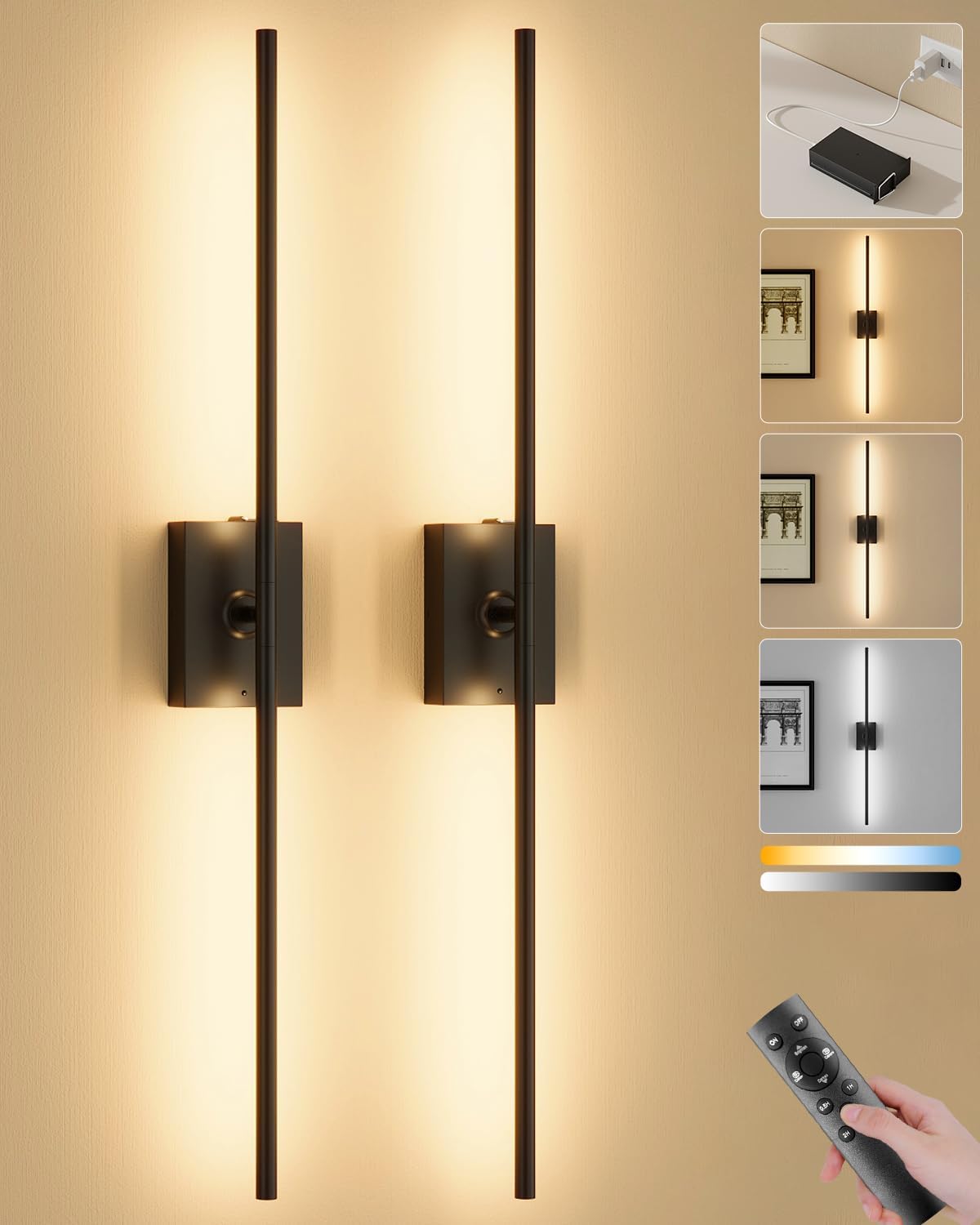 Ouyulong Battery Operated Wall Sconces Set of 2, 10000mAh Wireless Rechargeable 3000-6000K Dimmable 350° Rotate Wall Light with Remote for Living Room, Bedroom 31.6in Black