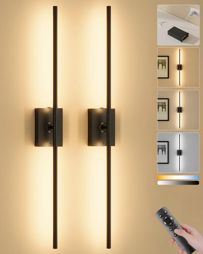 Ouyulong Battery Operated Wall Sconces Set of 2, 10000mAh Wireless Rechargeable 3000-6000K Dimmable 350° Rotate Wall Light with Remote for Living Room, Bedroom 31.6in Black