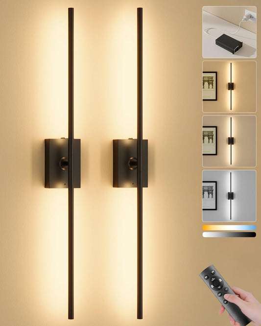 Ouyulong Battery Operated Wall Sconces Set of 2, 10000mAh Wireless Rechargeable 3000-6000K Dimmable 350° Rotate Wall Light with Remote for Living Room, Bedroom 31.6in Black