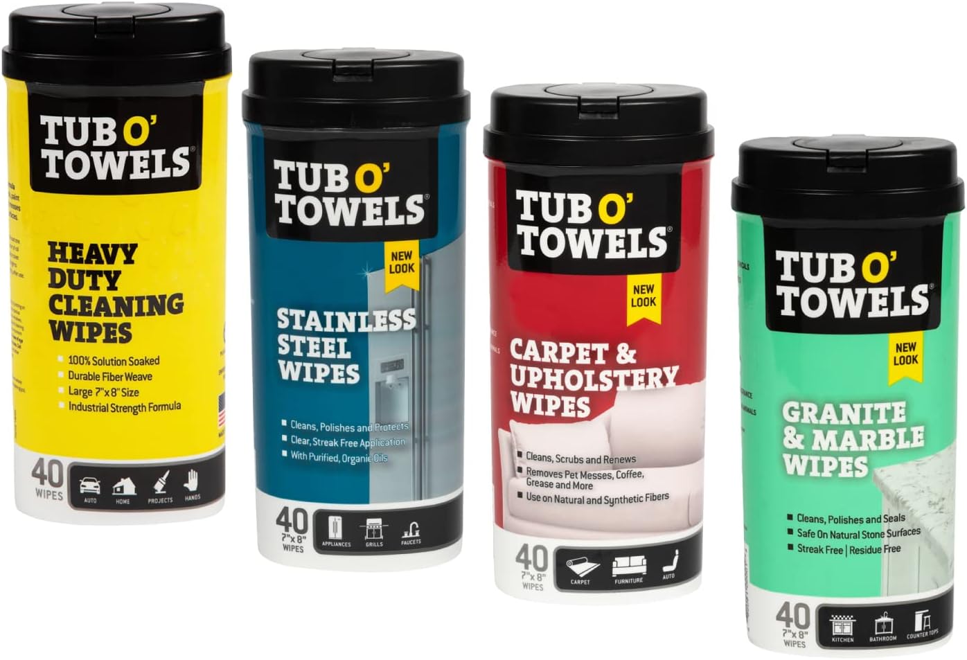 Tub O' Towels Heavy-Duty Multi-Surface Cleaning Wipes, 7" x 8", 40 Count Canister, Removes Grease, Grime, and Tough Stains, Durable Disposable White Wipes for Home, Garage, and Outdoor Cleaning Tasks | industrial-disposable-wipes