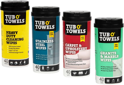 Tub O' Towels Heavy-Duty Multi-Surface Cleaning Wipes, 7" x 8", 40 Count Canister, Removes Grease, Grime, and Tough Stains, Durable Disposable White Wipes for Home, Garage, and Outdoor Cleaning Tasks | industrial-disposable-wipes