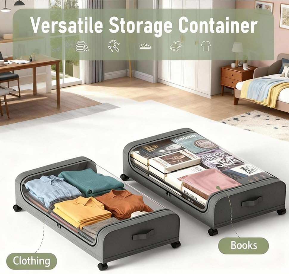 Under Bed Storage with Wheels, 2-Pack Under the Bed Storage Containers with Clear Lids & Label, Underbed Storage Bins, XXXL 85L 11 inches Rolling Metal Drawer for Clothes, Shoes, Toys, Books - Gray