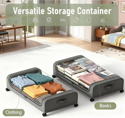 Under Bed Storage with Wheels, 2-Pack Under the Bed Storage Containers with Clear Lids & Label, Underbed Storage Bins, XXXL 85L 11 inches Rolling Metal Drawer for Clothes, Shoes, Toys, Books - Gray