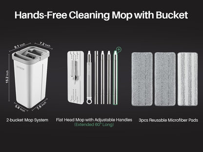 JOYMOOP Mop and Bucket with Wringer Set, Hands Free Flat Floor Mop and Bucket, 60" Mop with 3 Reusable Microfiber Pads, Wet and Dry Use, Floor Cleaning System