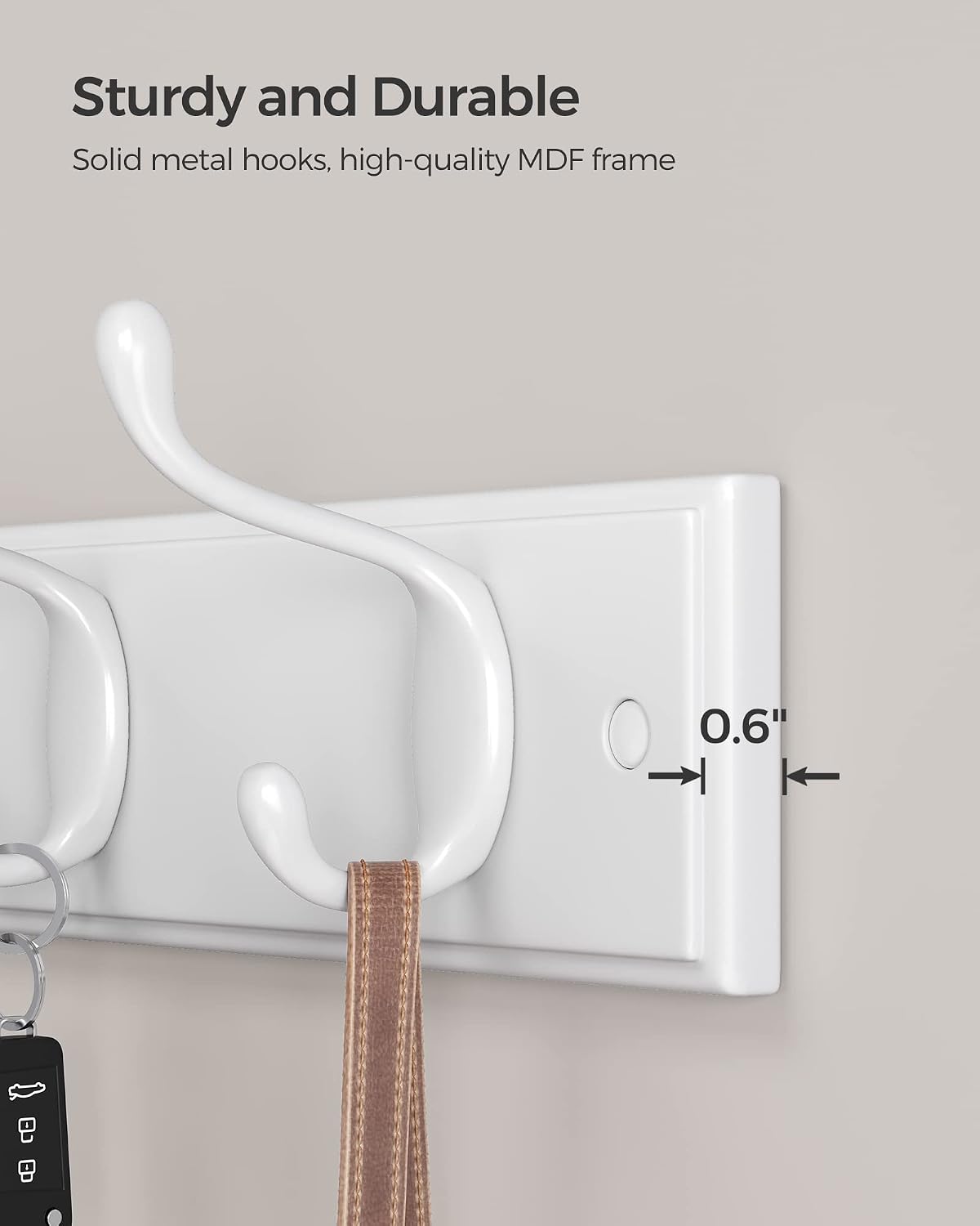 SONGMICS Wall-Mounted Coat Rack, Hook Rack, 4 Dual Metal Hooks, White | For Coats, Bags, Keys, in the Entryway, Bedroom, Living Room ULHR23WT