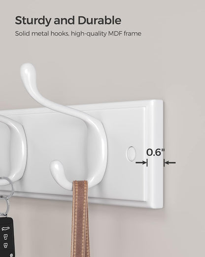 SONGMICS Wall-Mounted Coat Rack, Hook Rack, 4 Dual Metal Hooks, White | For Coats, Bags, Keys, in the Entryway, Bedroom, Living Room ULHR23WT