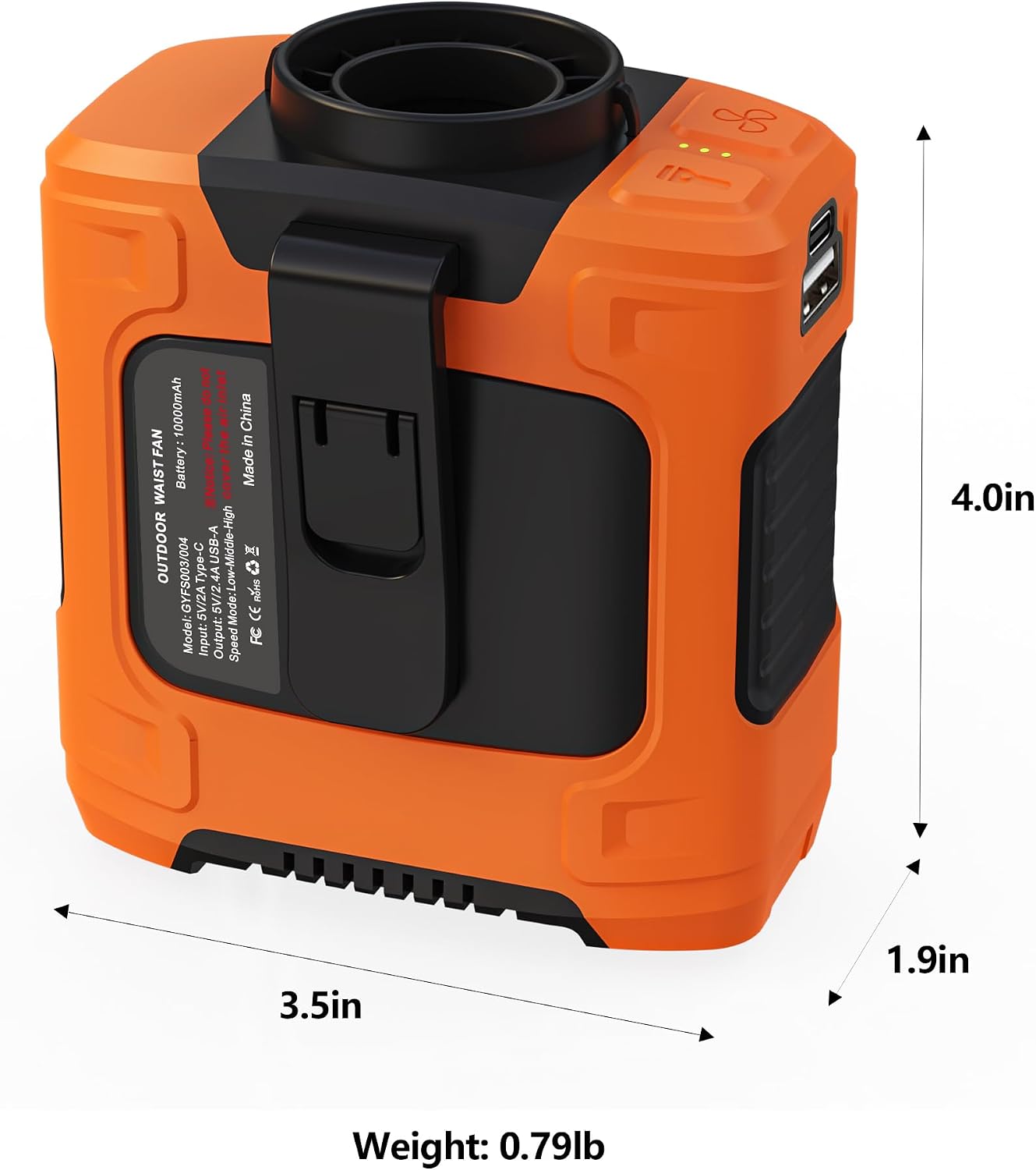 Waist Clip Fan - 5000mAh Rechargeable Portable Personal Fan, 39ft/s Ultra-Strong Wind, 29H Runtime, 5 Speeds, LED & SOS Light, for Outdoor, Camping, Hiking, Construction